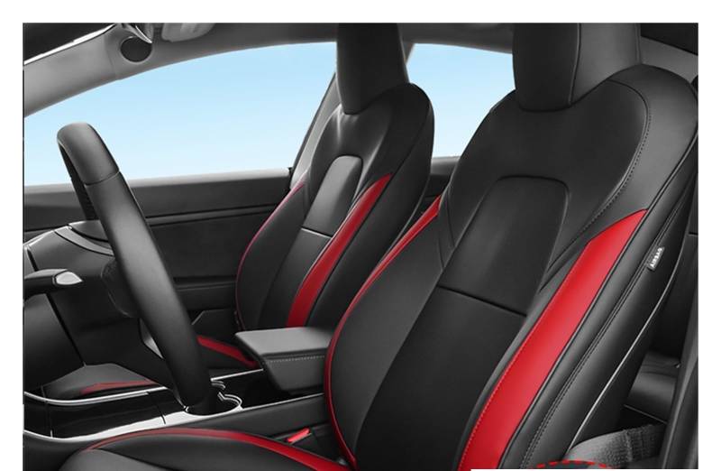 Auto Sitzbezüge Für Tesla Für Modell 3 Für Modell Y 2023 2022 2021 2020 Vordersitz Auto Sitzbezüge PU Leder Abdeckung Alle Saison Schutz Autositzschoner(Black red Full,2020-2022) von DHDYJSA