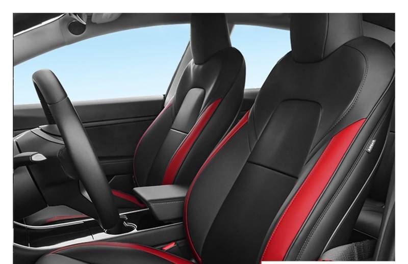 Auto Sitzbezüge Für Tesla Für Modell 3 Für Modell Y 2023 2022 2021 2020 Vordersitz Auto Sitzbezüge PU Leder Abdeckung Alle Saison Schutz Autositzschoner(Black red Half,2023) von DHDYJSA