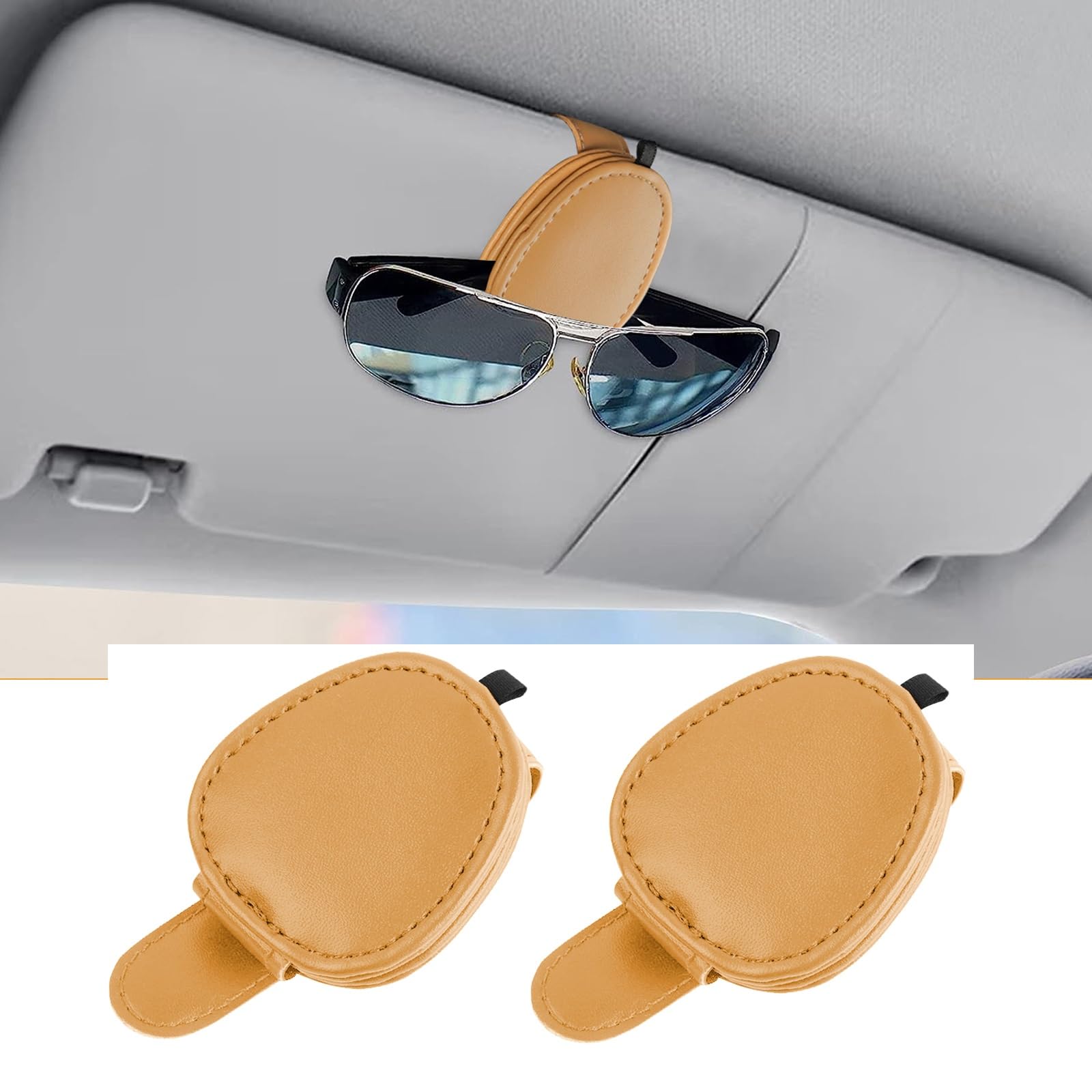 DHSWNNG Brillenhalter für Auto Sonnenblende 2 Stück Leder Sonnenbrillenhalter Auto Visier Zubehör Magnetische Sonnenbrillen Halterung für Auto mit Kartenkarten Clip (Beige-Gelb) von DHSWNNG