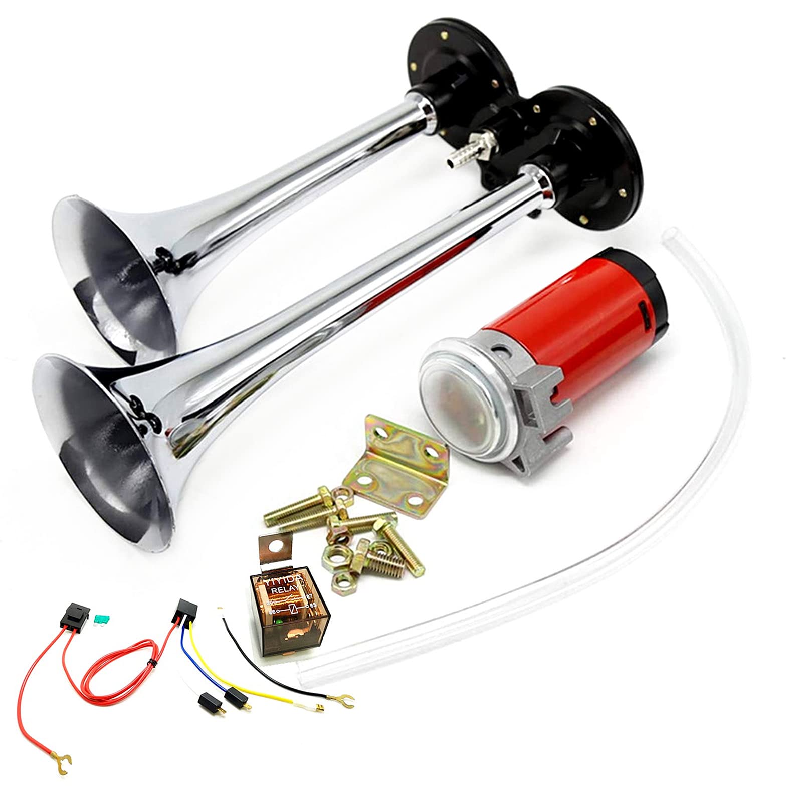 Dhuile Auto Horn 12 V 150dB Air Horn, Doppelrohr Horn, Chrom Zink Dual Trumpet Air Horn mit Kompressor für jeden 12 V Fahrzeuge LKW LKW Boote Cars Vans Züge von DHUILE