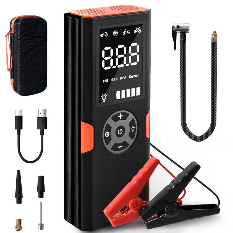 12V Fahrzeuge Auto Starthilfe Powerbank mit Luftkompressor 150PSI Kompressor 3000A Spitzenstrom 12000mAh (Bis Zu 8,5L Benzin Oder 6.0L Diesel) Mit LED Taschenlampe von DICHOU