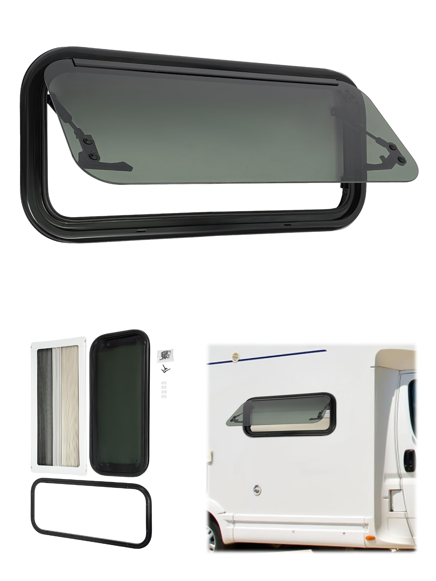 Wohnmobilfenster 700x300 mm Wohnwagen Fenster 85° Ausstellfenster Camper E4 Wohnmobil Fenster mit fliegengitter und integriertem Rollo, Wohnmobil Seitenfenster RV Externes Push Fenster von DIFU