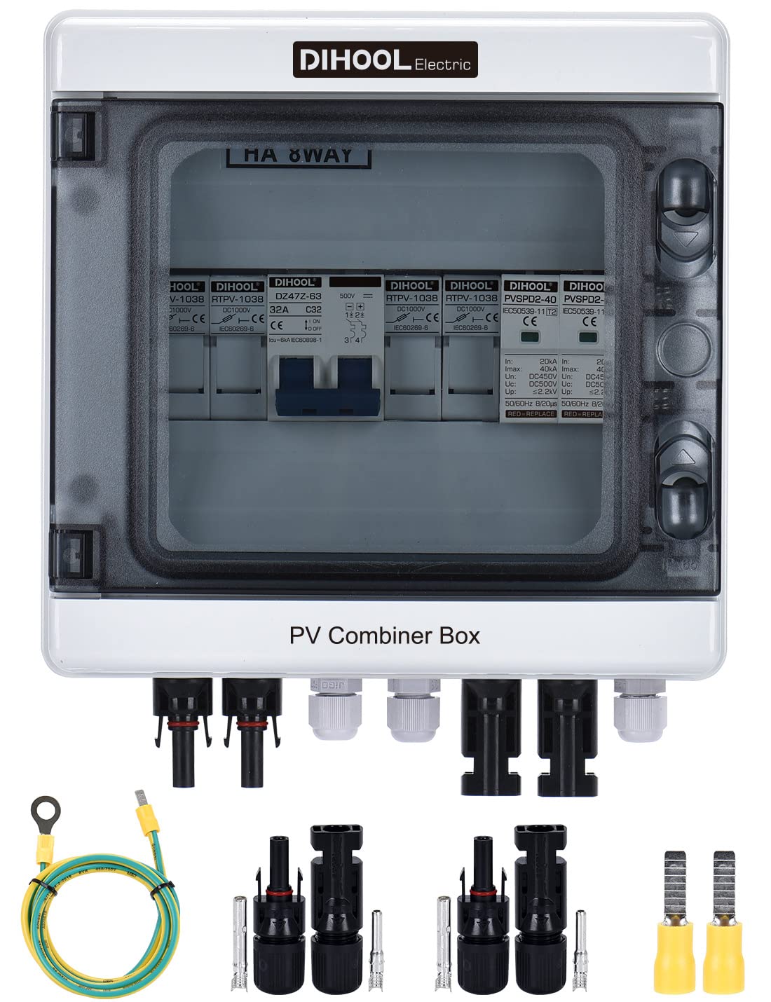 DC Überspannungsschutz PV Anschlusskasten DC500V 15A 2 String Blitzschutz Für PV anlage Photovoltaik IP65 Gehäuse(2x 15A in,1x 30A out) von DIHOOL