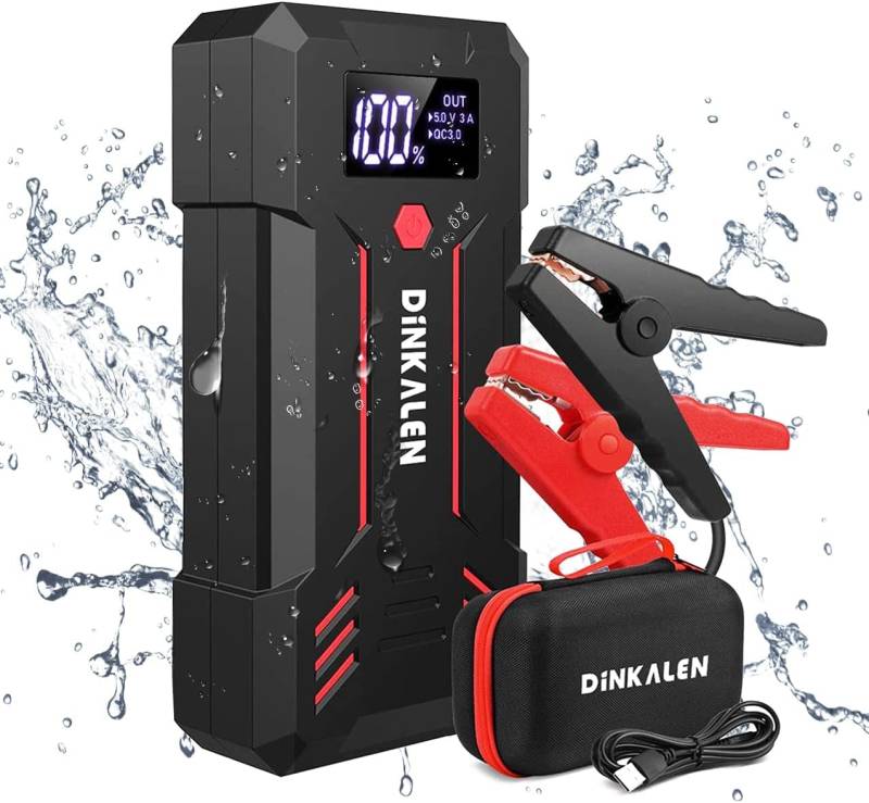 DINKALEN Starthilfe Powerbank, 23800mAh 3000A Spitzstrom Tragbare Auto Starthilfe (Alle Benzin und Bis Zu 8L-Diesel) 12V Autobatterie Anlasser Starthilfegerät mit LED Taschenlampe (Schwarz Rot) von DINKALEN