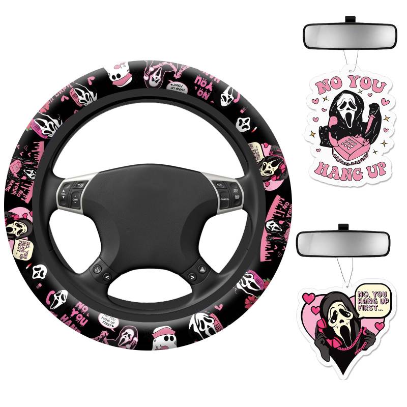 DINSYXU Halloween Pink Ghost Lenkradbezug Horror Movie Autozubehör für Männer Frauen mit 2 Auto-Lufterfrischer, 38,1 cm Anti-Rutsch-Auto-Lenkradabdeckungen Universal Fit von DINSYXU