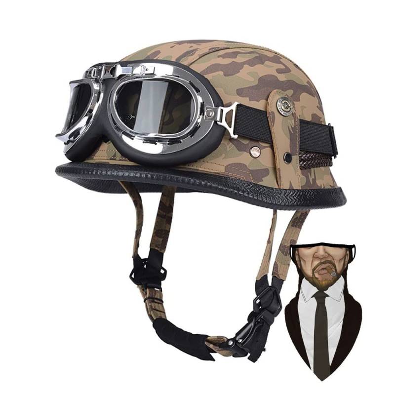 DIRERTYS Deutsche Leder Motorrad Halbhelme Retro Halbschalenhelm JetHelm mit Visier Schnellverschluss Schnalle für Cruiser Chopper Biker Moped DOT/ECE-Zulassung, L57~60CM von DIRERTYS