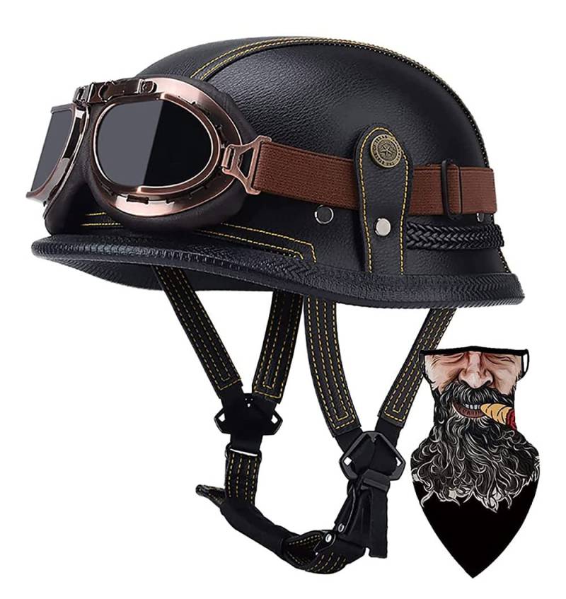 DIRERTYS Deutsche Leder Motorrad Halbhelme Retro Halbschalenhelm JetHelm mit Visier Schnellverschluss Schnalle für Cruiser Chopper Biker Moped DOT/ECE-Zulassung, L57~60CM von DIRERTYS