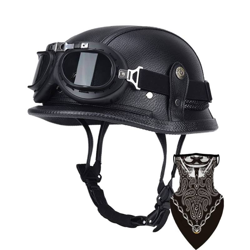 DIRERTYS Deutsche Leder Motorrad Halbhelme Retro Halbschalenhelm JetHelm mit Visier Schnellverschluss Schnalle für Cruiser Chopper Biker Moped DOT/ECE-Zulassung, M55~56CM von DIRERTYS