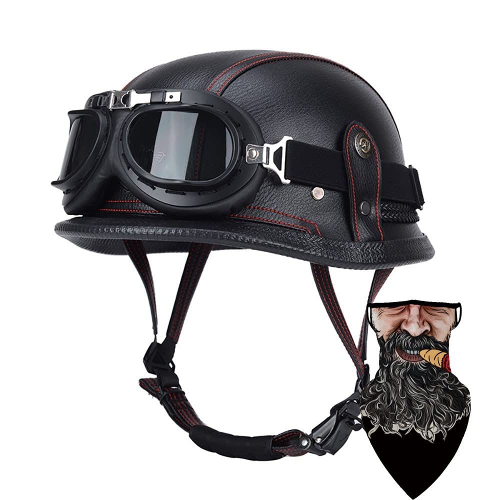 DIRERTYS Deutsche Leder Motorrad Halbhelme Retro Halbschalenhelm JetHelm mit Visier Schnellverschluss Schnalle für Cruiser Chopper Biker Moped DOT/ECE-Zulassung, XXL61~62CM von DIRERTYS