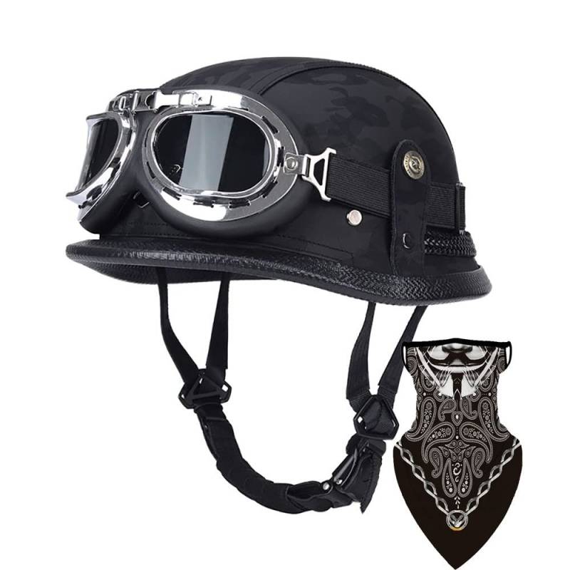 DIRERTYS Deutsche Leder Motorrad Halbhelme Retro Halbschalenhelm JetHelm mit Visier Schnellverschluss Schnalle für Cruiser Chopper Biker Moped DOT/ECE-Zulassung, XXXL63~65CM von DIRERTYS