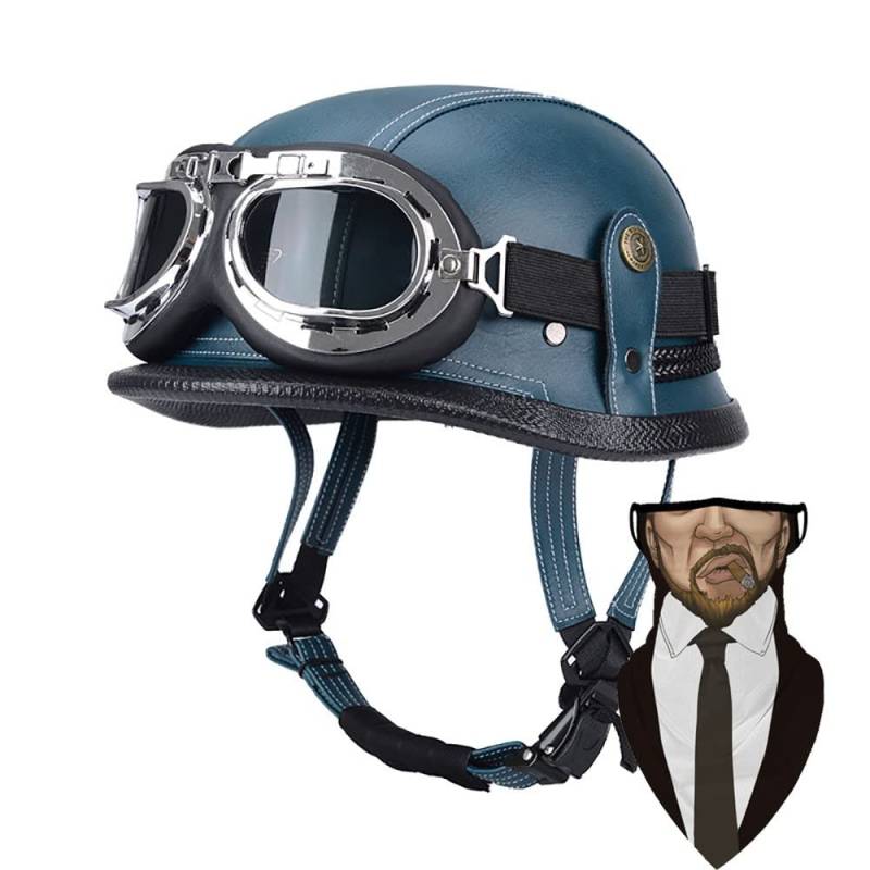 DIRERTYS Deutsche Leder Motorrad Halbhelme Retro Halbschalenhelm JetHelm mit Visier Schnellverschluss Schnalle für Cruiser Chopper Biker Moped DOT/ECE-Zulassung, XXXL63~65CM von DIRERTYS