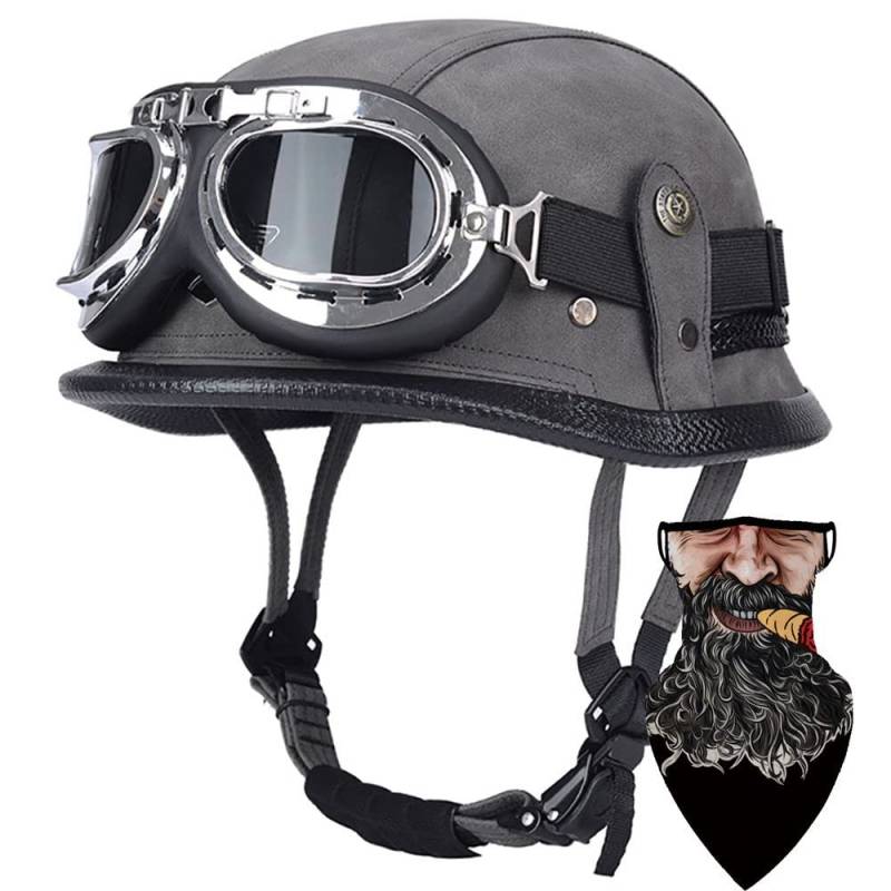 DIRERTYS Deutsche Leder Motorrad Halbhelme Retro Halbschalenhelm JetHelm mit Visier Schnellverschluss Schnalle für Cruiser Chopper Biker Moped DOT/ECE-Zulassung, XXXL63~65CM von DIRERTYS