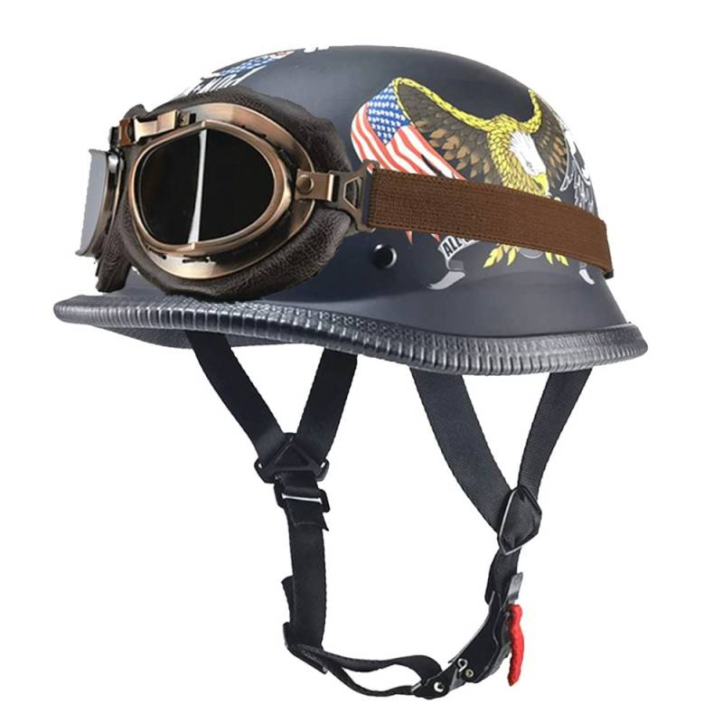 Deutsch Helm Halboffenen Vintage Öffnen Motorradhelm Halb-Helm ECE-Zertifizierung Chopper Helm mit Sonnenbrille für Mopeds Cruiser Vintage Jet Helm Schnellverschlussschnallen M-XXL von DIRERTYS