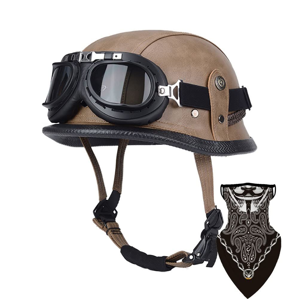 DIRERTYS Deutsche Leder Motorrad Halbhelme Retro Halbschalenhelm JetHelm mit Visier Schnellverschluss Schnalle für Cruiser Chopper Biker Moped DOT/ECE-Zulassung von DIRERTYS