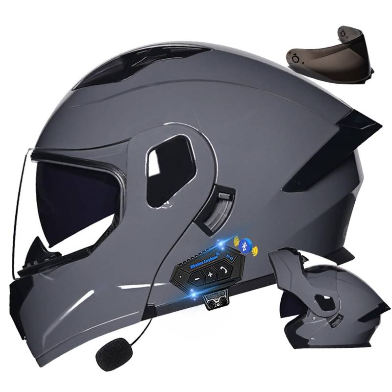 Motorradhelm mit Bluetooth Klapphelm, Doppelvisier Modularer Helm ECE Zertifiziert, Integralhelm mit Mikrofon für Automatische Reaktion für Erwachsene Frauen Männer (21.6-24.4in) von DIRERTYS