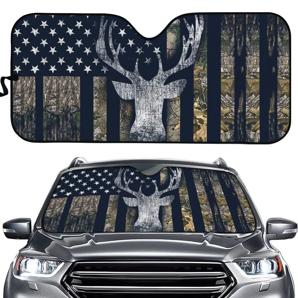 DISNIMO Sonnenschutz mit Hirschschädel für die Windschutzscheibe, Camouflage, Jagd, Wald, Sonnenschutz, amerikanische Flagge, Sonnenschutz für Auto, Windschutzscheibe, Faltautos, SUV, LKW, Wohnmobil, von DISNIMO