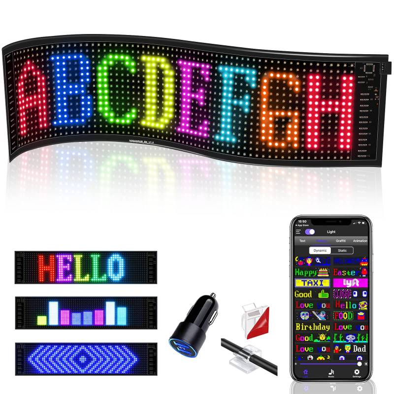 DIYOYOTM Led Anzeigetafel, 47.5 X 12cm Led Anzeige Programmierbar, Led Laufschrift, Leuchtreklame Personalisiert, Leuchtschild FüR Auto, Text, Graffiti, Smart App, Bluetooth USB 5v von DIYOYOTM