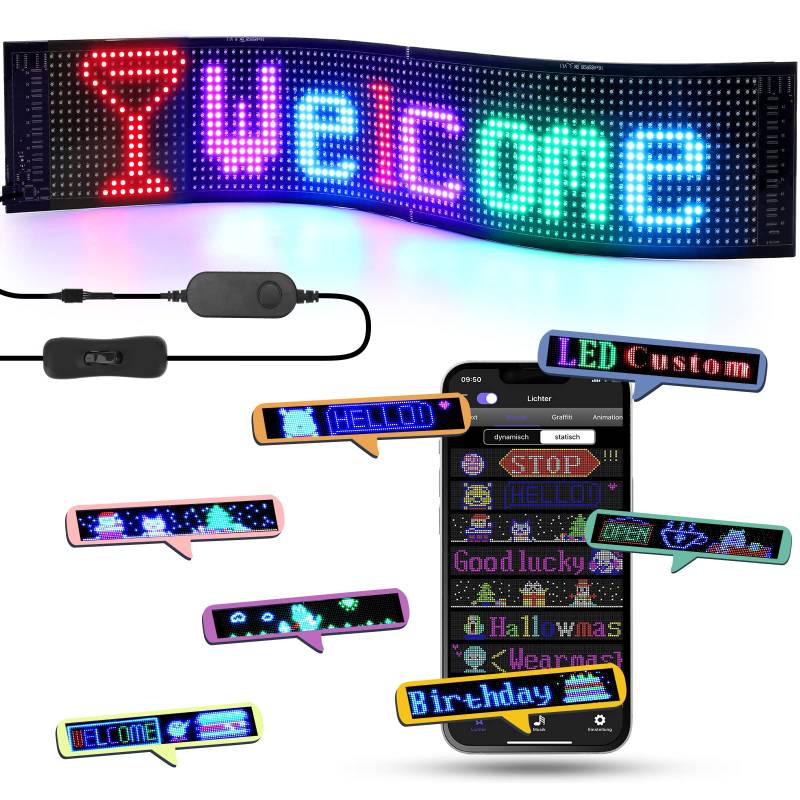 LED Laufschrift, 68x12cm Werbetafel für außen LED Anzeigetafel, LED Schild Personalisiert unterstützt Digital, Text, Graffiti, Animation Display, Smart APP Steuerung, USB Betriebene von DIYOYOTM