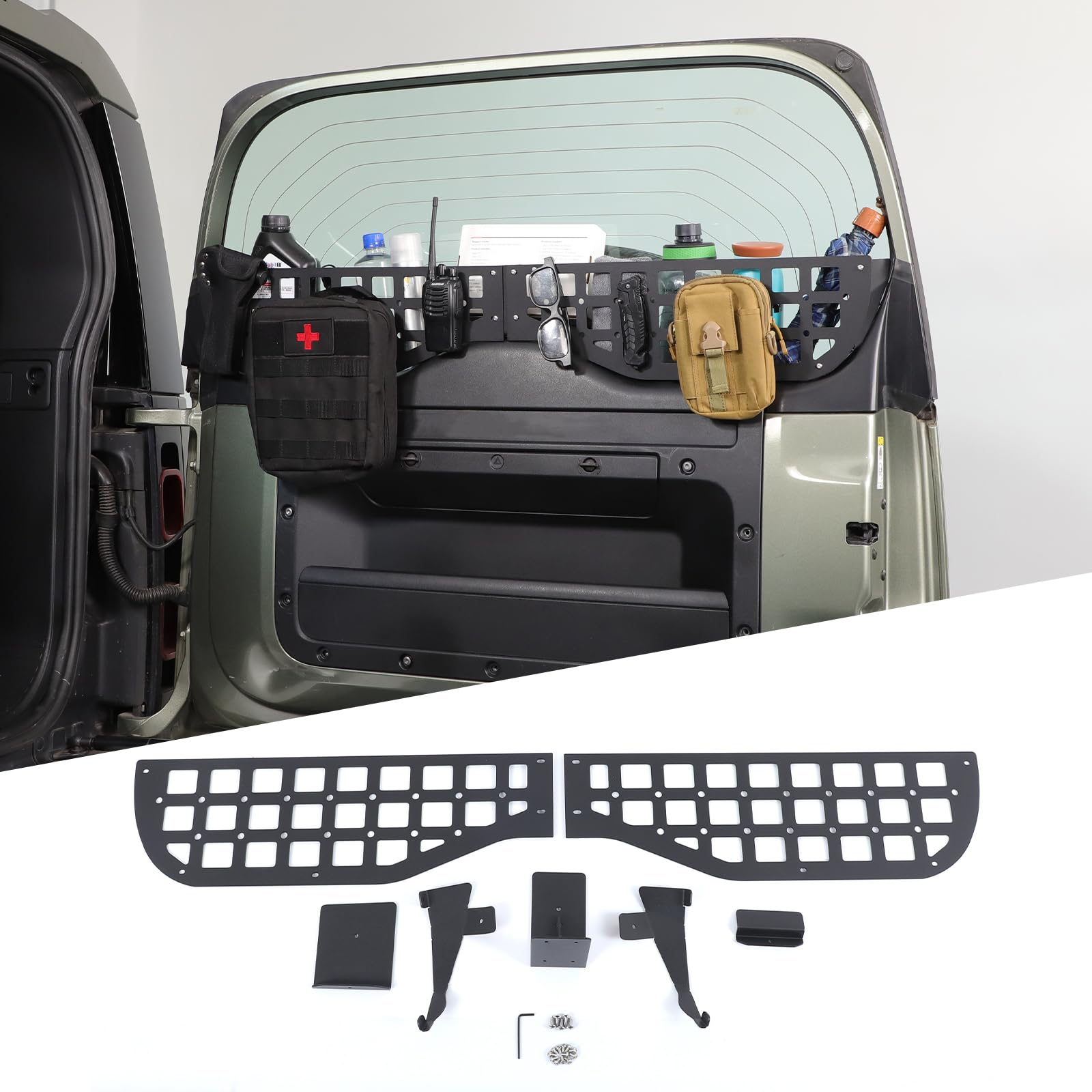 Auto Heckklappe Fenster Tasche Aufbewahrungsbox für LR Defender 90 110 130 2020-2025, Heckklappe Aufbewahrungsplatte Heckklappe Molle Panel Aluminium Cargo Regal Lagerung Gepäckhalter Träger von DIYUCAR