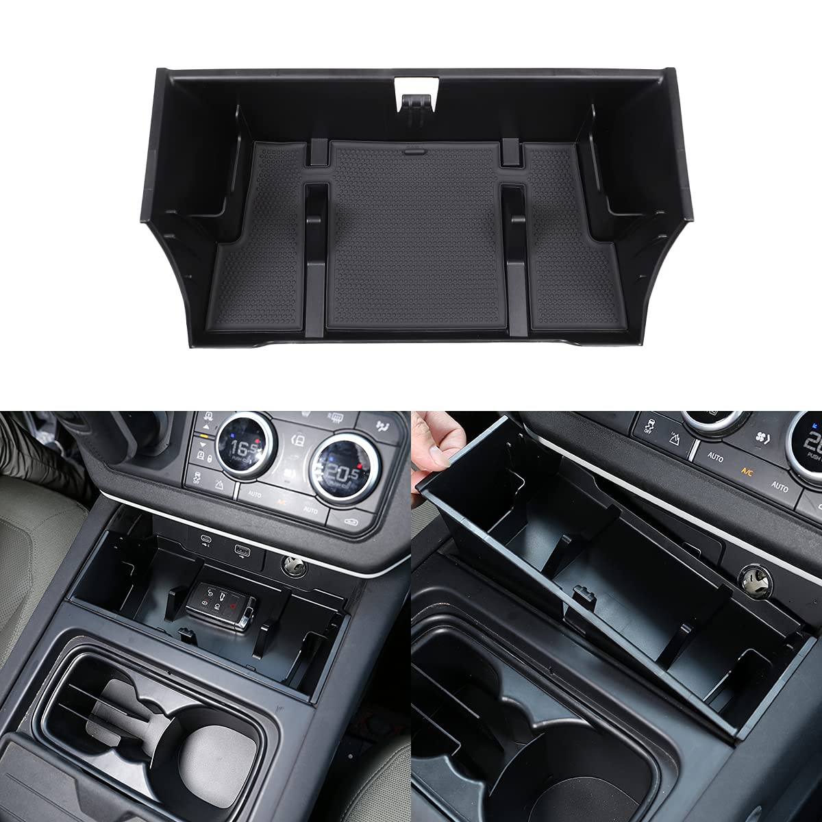 DIYUCAR ABS Innenausstattung Mittelkonsole Box Aufbewahrungsbox Tablett Organizer für LR Defender 110 2020 schwarz Autozubehör (Mittelkonsole mit Haken) von DIYUCAR