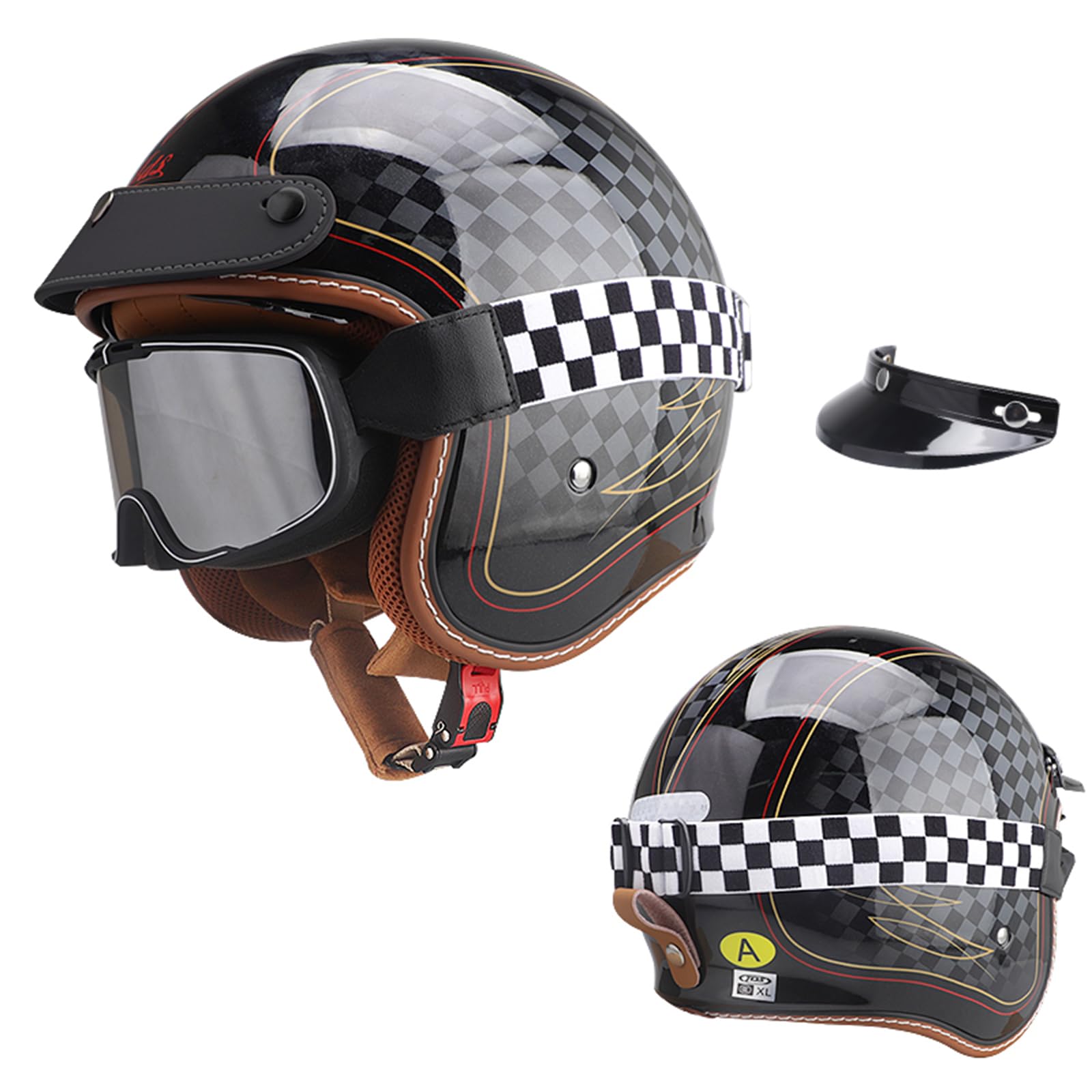 Open Face Motorradhelm mit Visier ECE/DOT Zulassung Roller Scooter Helm Moped Mofa-Helm Chopper Retro Biker Helmet für Erwachsene Herren Damen von DJCALA