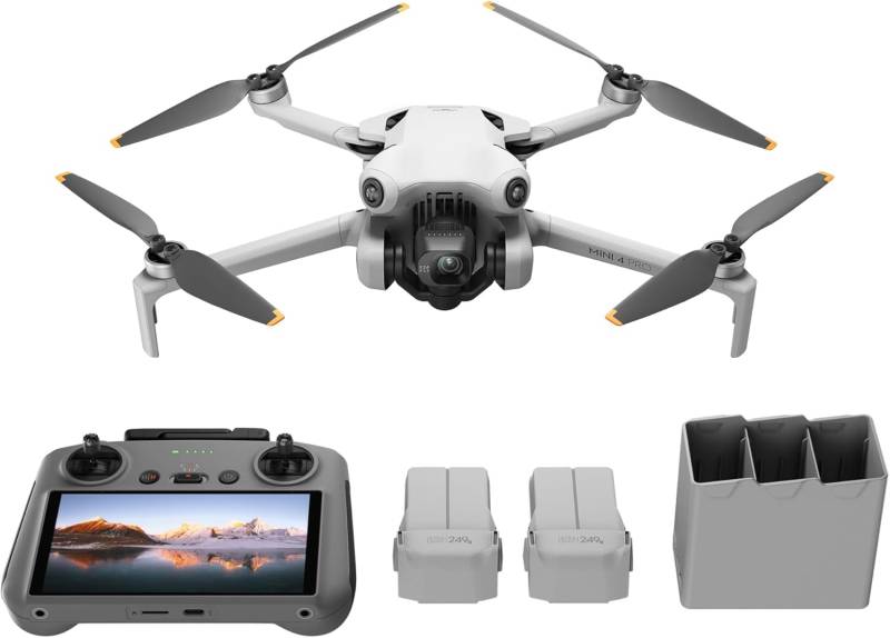 DJI Mini 4 Pro Fly More Combo mit DJI RC 2 Fernsteuerung (Bildschirmfernsteuerung), faltbare Mini-Drohne mit 4K-Kamera, unter 249g, 2 zusätzliche Akkus, Insgesamt 102 Minuten Flugzeit, Klasse-C0 von DJI