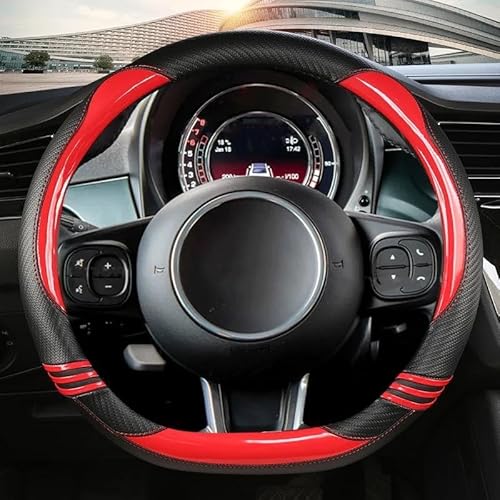 Auto Lenkradbezug Carbon Fiber + Leder Auto Lenkrad Abdeckung Für FIAT 500 2007-2022 500e 2020 2021 500X 2015-2022 500L 2018 Lenkradcover(RED D) von DKPMWD