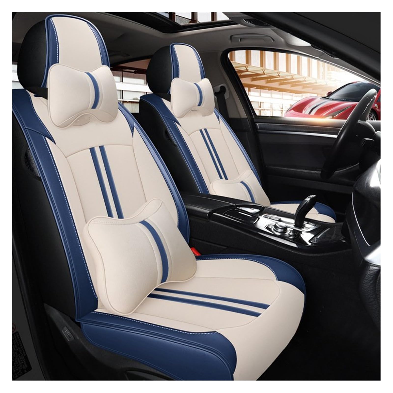 DKPMWD Auto-Sitzbezug Vorne + Hinten Leder Autositzbezug Universal Autositzschutz Für Opel Für Mokka Für Cascada Für Ampera Autositzbezüge(Blue Beige) von DKPMWD