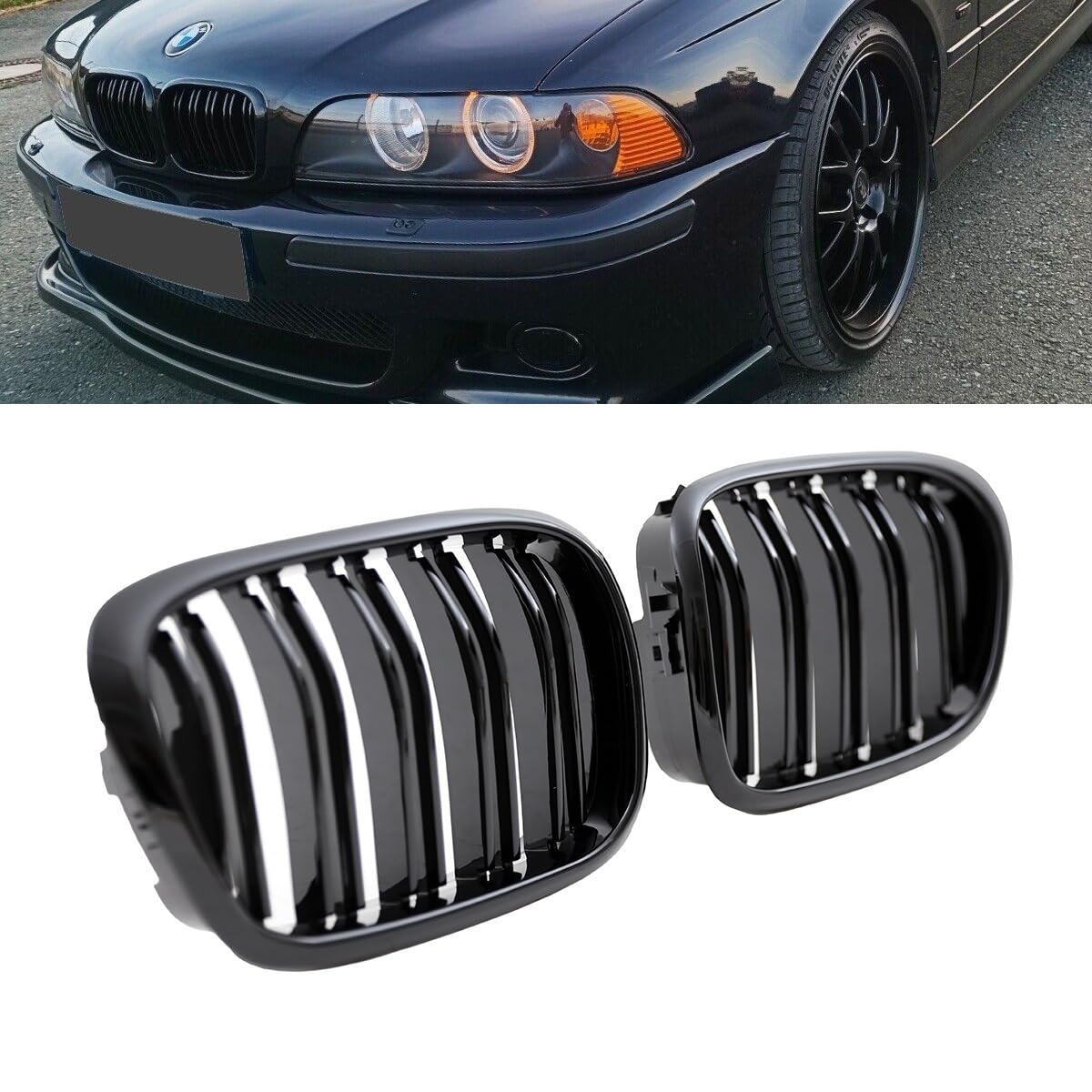 DM Autoteile 1326 2x Grill Kühlergrill Schwarz Hochglanz Doppelsteg kompatibel für BMW 5er E39 + M M5 von DM Autoteile