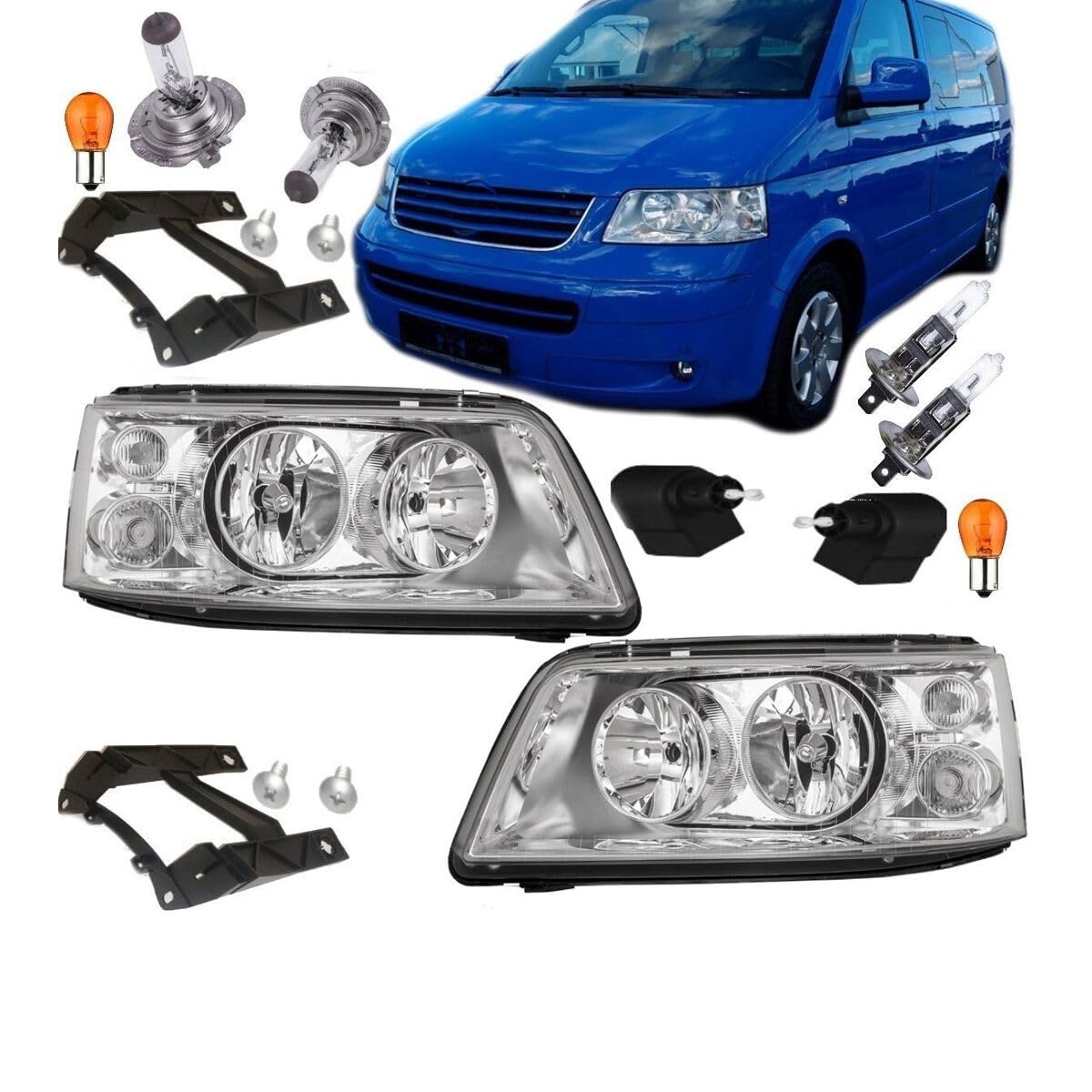 DM Autoteile 30377 Scheinwerfer SET H7/H1 Chrom + Birnen + Garantie kompatibel für VW T5 ab 2003-2009 von DM Autoteile