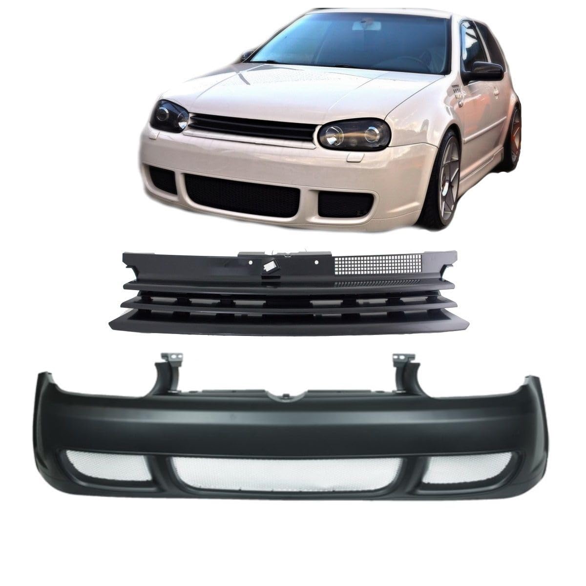 DM Autoteile 3312 Stoßstange vorne + Kühlergrill ohne Emblem kompatibel für VW Golf 4 ab 1997-2006 von DM Autoteile