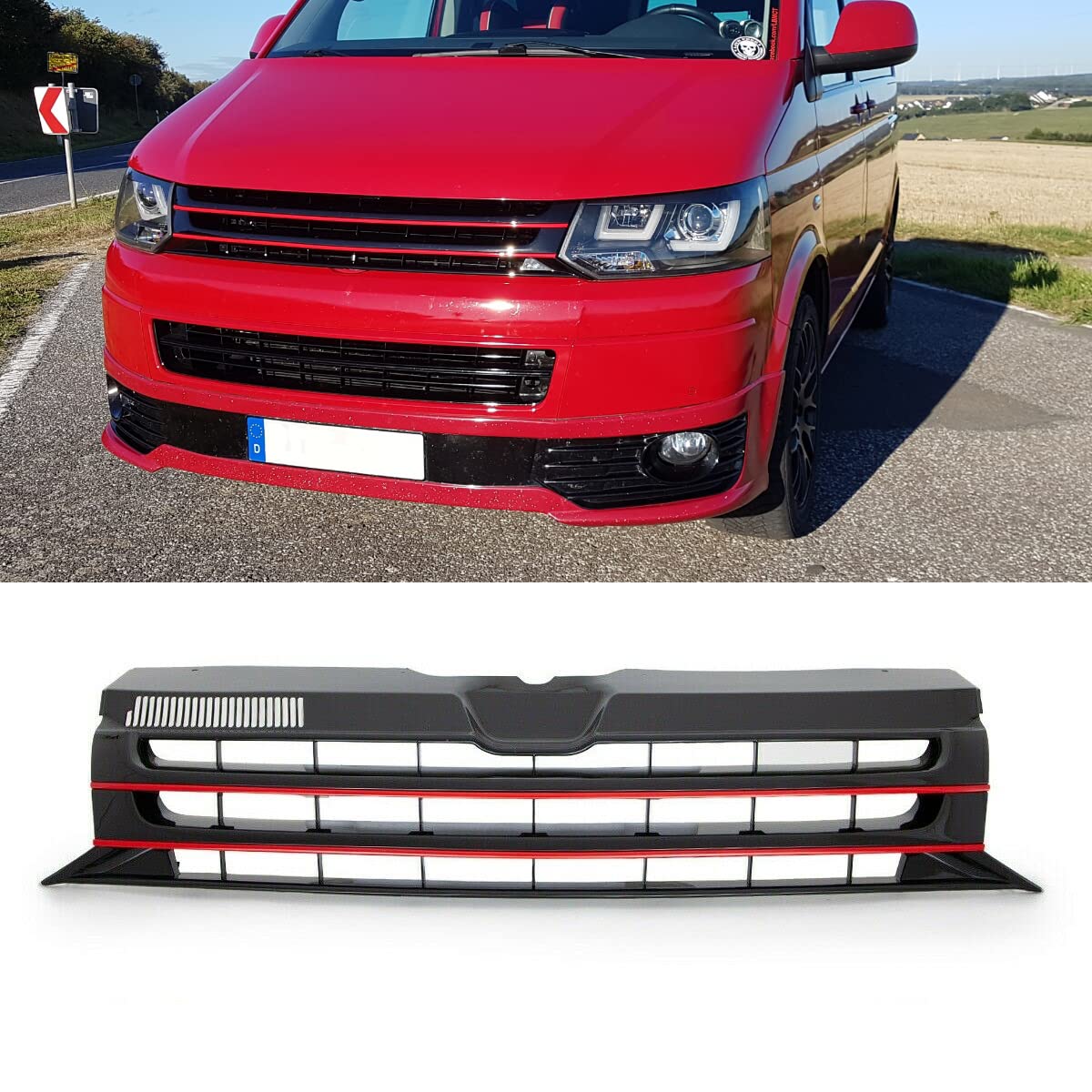 DM Autoteile Kühlergrill Grill Clean Schwarz lackiert Leiste Rot kompatibel für VW T5 GP Facelift 09-15 von DM Autoteile