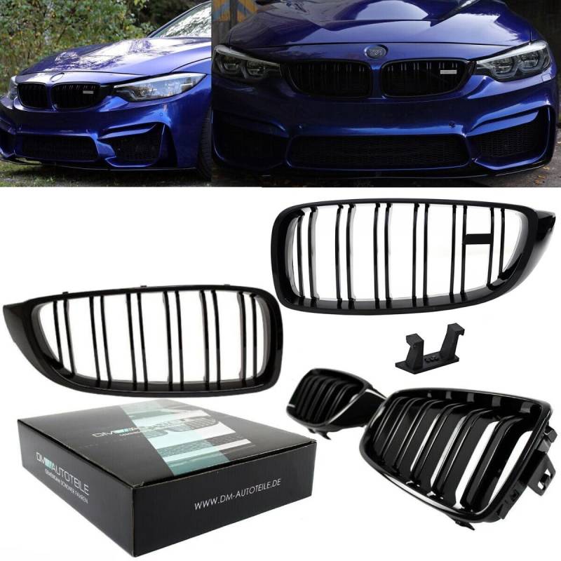 DM Autoteile 1633 2x Kühlergrill Schwarz Glanz Doppelsteg +Emblemhalter kompatibel für BMW 4er F32 F33 F36 auch M4 + M alle Modelle von DM Autoteile