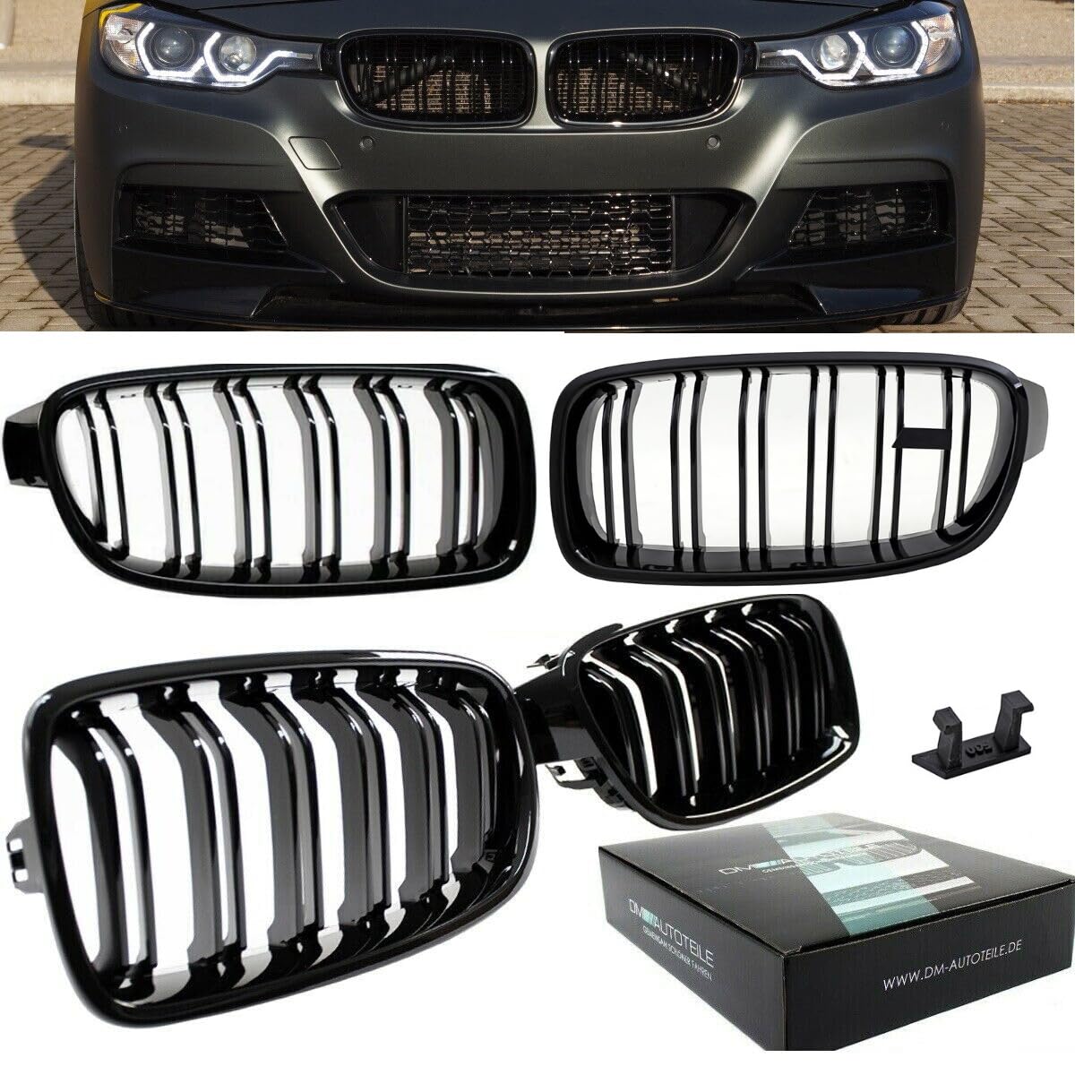 DM Autoteile 1632 Kühlergrill Grill Schwarz Glanz Doppelsteg Sport kompatibel für BMW 3er F30 F31 alle Modelle 2011-2019 +Emblemhalter von DM Autoteile