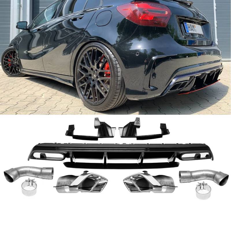 DM Autoteile Set A-Klasse W176 Heckdiffusor Schwarz lackiert+Rote Leiste & Set Blenden passend für AMG Sport von DM Autoteile