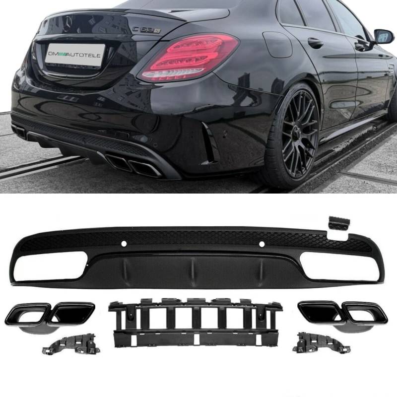 DM Autoteile Set Heckdiffusor Schwarz Hochglanz + Blenden passend für C-Klasse W205 Limousine 14-18 AMG Sport von DM Autoteile