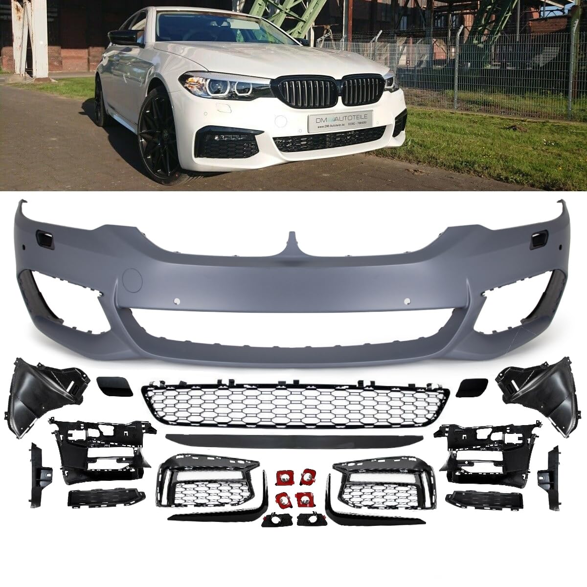 DM Autoteile 14108 Sport Stoßstange vorne PDC/SRA + Zubehör Komplett kompatibel für BMW 5er G30 / G31 Bj ab 2017 auch M-Paket von DM Autoteile