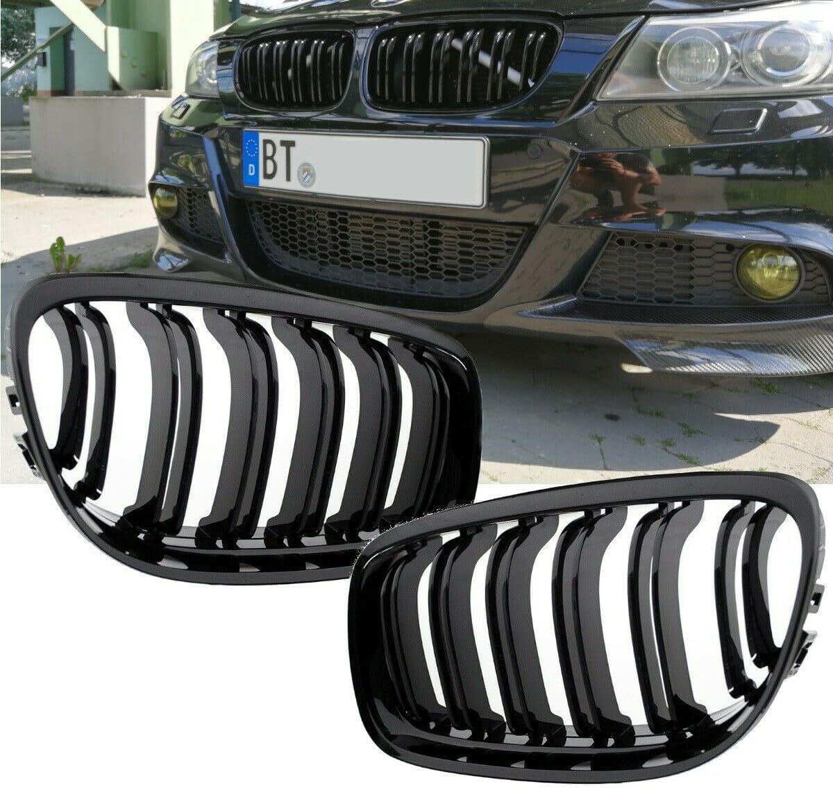 Kühlergrill 3er E90 E91 Facelift LCI Doppelsteg kompatibel für BMW Schwarz Glanz Grill Frontgrill Satz Paar Set von DM Autoteile