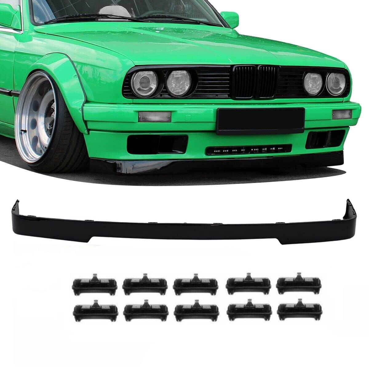 Frontspoiler Lippe vorne Schwarz Glanz lackiert+ 10x Montage Clips 87-94 kompatibel für BMW E30 auf is Paket DM Autoteile 1003-L von DM Autoteile