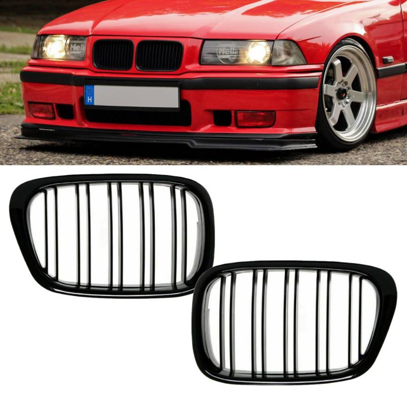 Kühlergrill Doppelsteg E36 3er kompatibel für BMW Hochglanz Schwarz Grill Kühlergitter Set Paar Satz von DM Autoteile