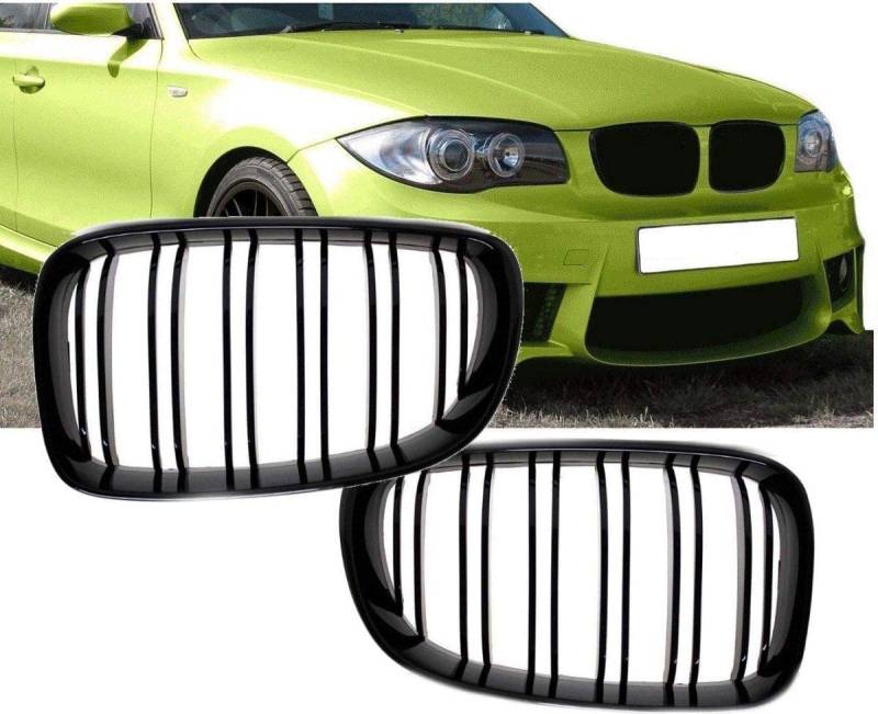 Kühlergrill Doppelsteg 1er E81 E82 E87 E88 kompatibel für BMW Schwarz Glanz Grill Frontgrill Paar Satz Set von DM Autoteile