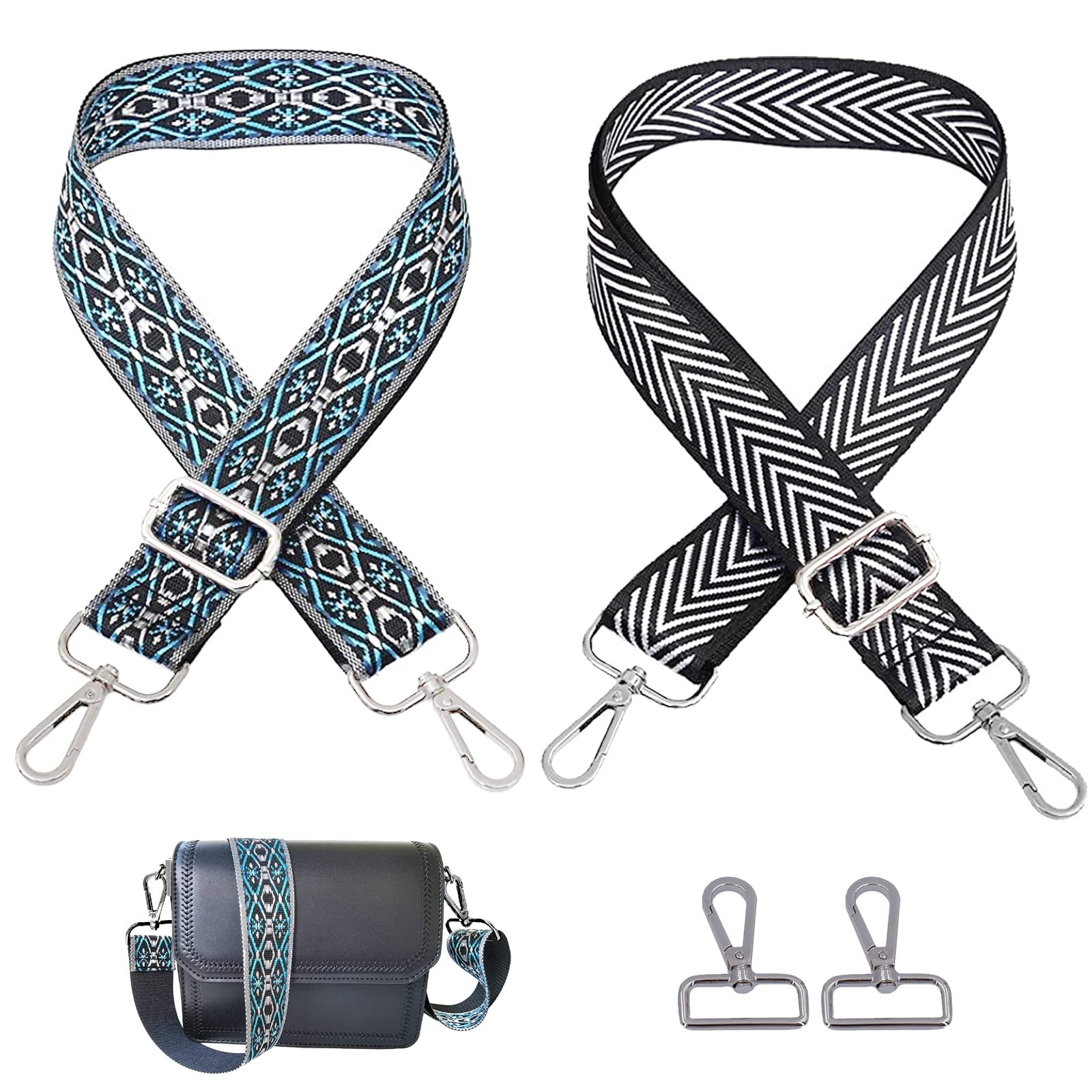 Boho Schulterriemen,2 Stück Verstellbarer Schultergurt mit 2 Stück Karabiner Taschengurt mit Strickmuster Bunter Taschenriemen Damen Umhängegurt für Taschen Breiter Breit Tragegurt 80-140cm von DMNQ