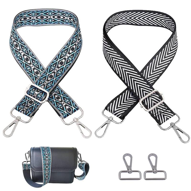 Boho Schulterriemen,2 Stück Verstellbarer Schultergurt mit 2 Stück Karabiner Taschengurt mit Strickmuster Bunter Taschenriemen Damen Umhängegurt für Taschen Breiter Breit Tragegurt 80-140cm von DMNQ