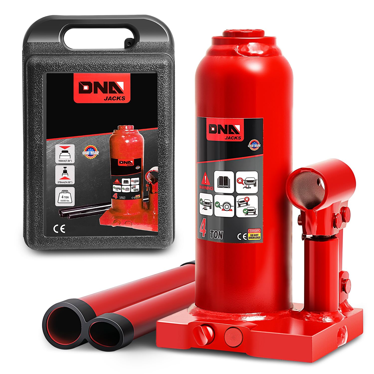 DNA MOTORING TOOLS-00352 Hydraulischer Wagenheber für die Reparatur von Fahrzeugen, Pickup, LKW, mit manuellem Griff, Rot, 4000 kg von DNA MOTORING