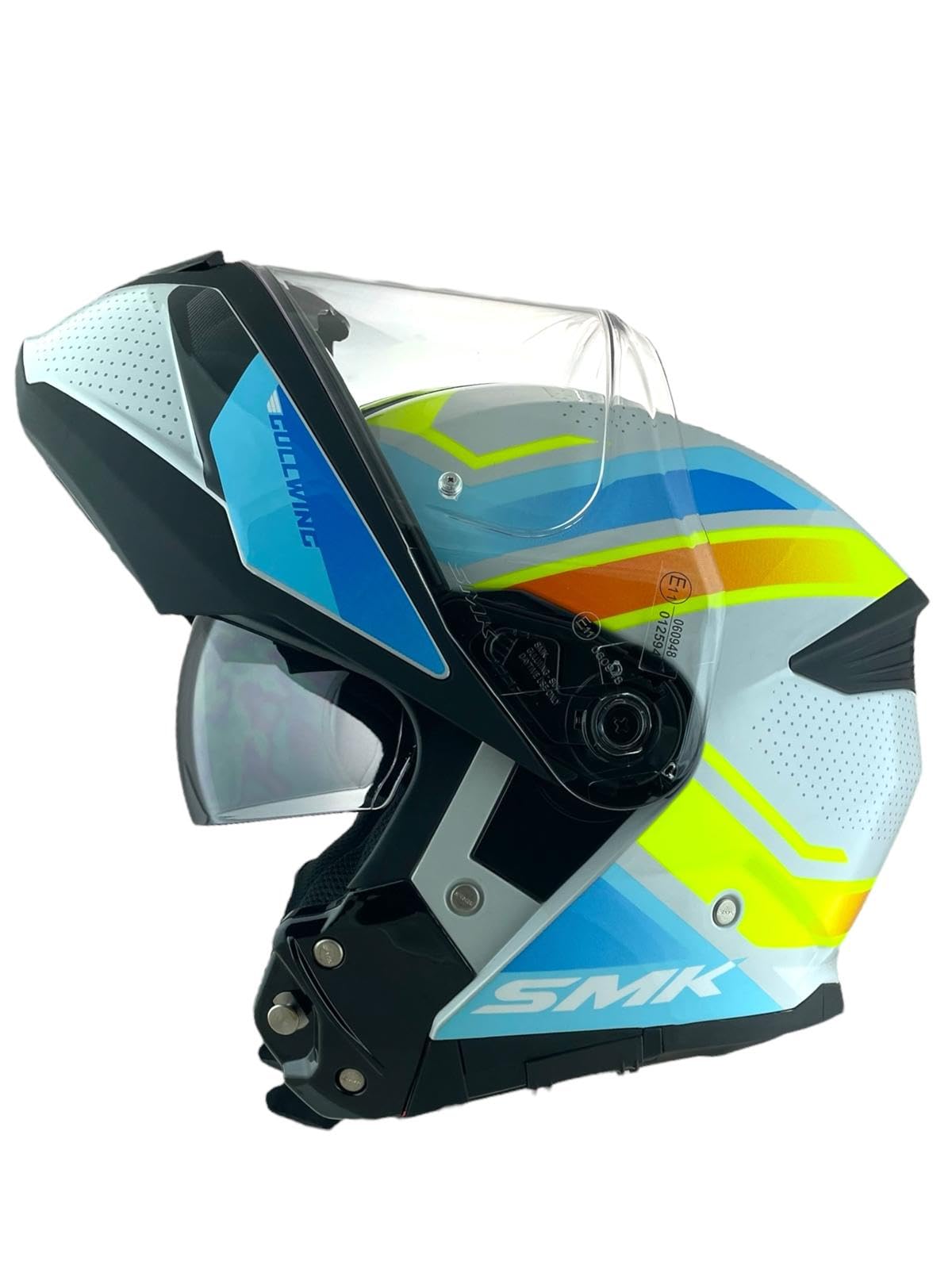 SMK Helme GULLWING SUPERTOUR Modularhelm in Weiß, Blau und Gelb, Zulassung 22.06, mit Doppelvisier, P/J (3XL 65/66) von DOBLE XX