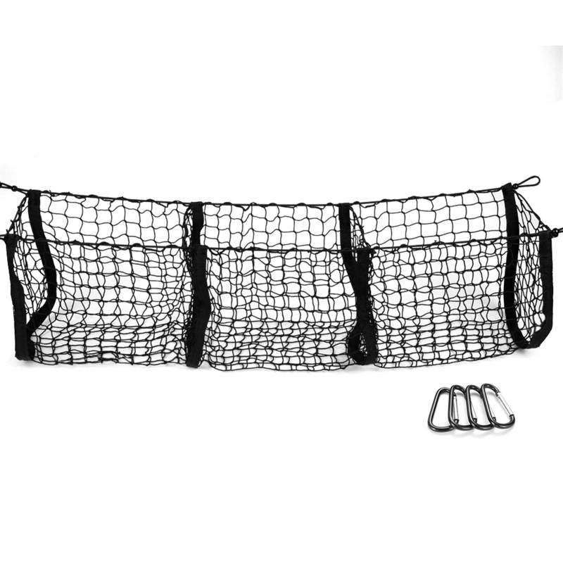 GepäCknetz Auto,GepäCknetz DREI Taschen Stamm Organizer Lagerung Netto Heavy Duty Cargo Net for Auto SUV Pickup Bett Schwarzes Mesh Vier Metallkarabiner von DOBRVVGT