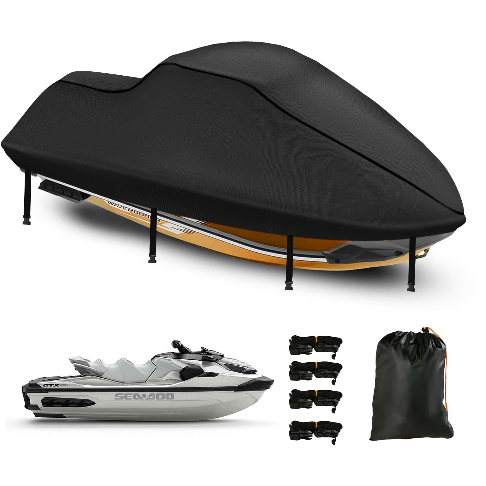 3 Sitzer Jet Ski Abdeckung,420D Nano Beschichtung Jet Ski Abdeckplanen,2 Belüftungsöffnungen,UV Beständig für Kawasaki, Waverunner Polaris(von 345-368CM Schwarz) von DOCEPERT