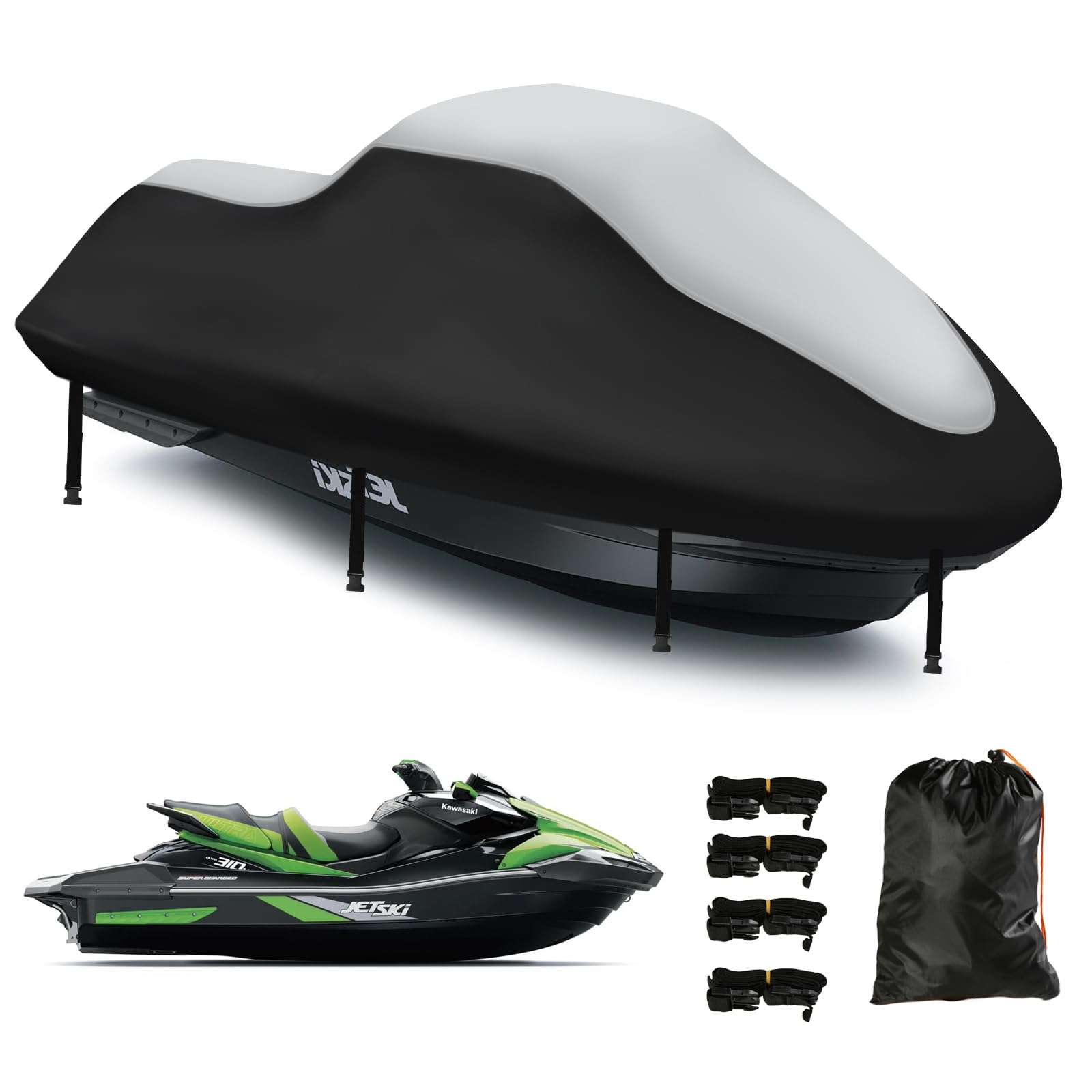 3-Sitzer Jetski Abdeckungen,420D Nano Beschichtung Jetski Abdeckung,2 Belüftungsöffnungen,Wasserdicht, Staubdicht,UV-beständig,für den Außenbereich(von Motorbootlänge 291-318CM Silber Schwarz) von DOCEPERT