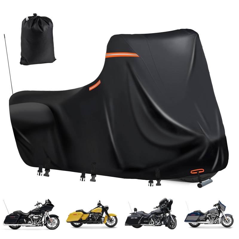 Motorrad Plane Wasserdicht,600D Abdeckplane Motorrad,5 Reflektierende Streifen,2 öFfnung Zur BelüFtung,Motorradabdeckung Outdoor für Harley Davidson Touring Modelle(Side Box 300x110x142cm Schwarz) von DOCEPERT