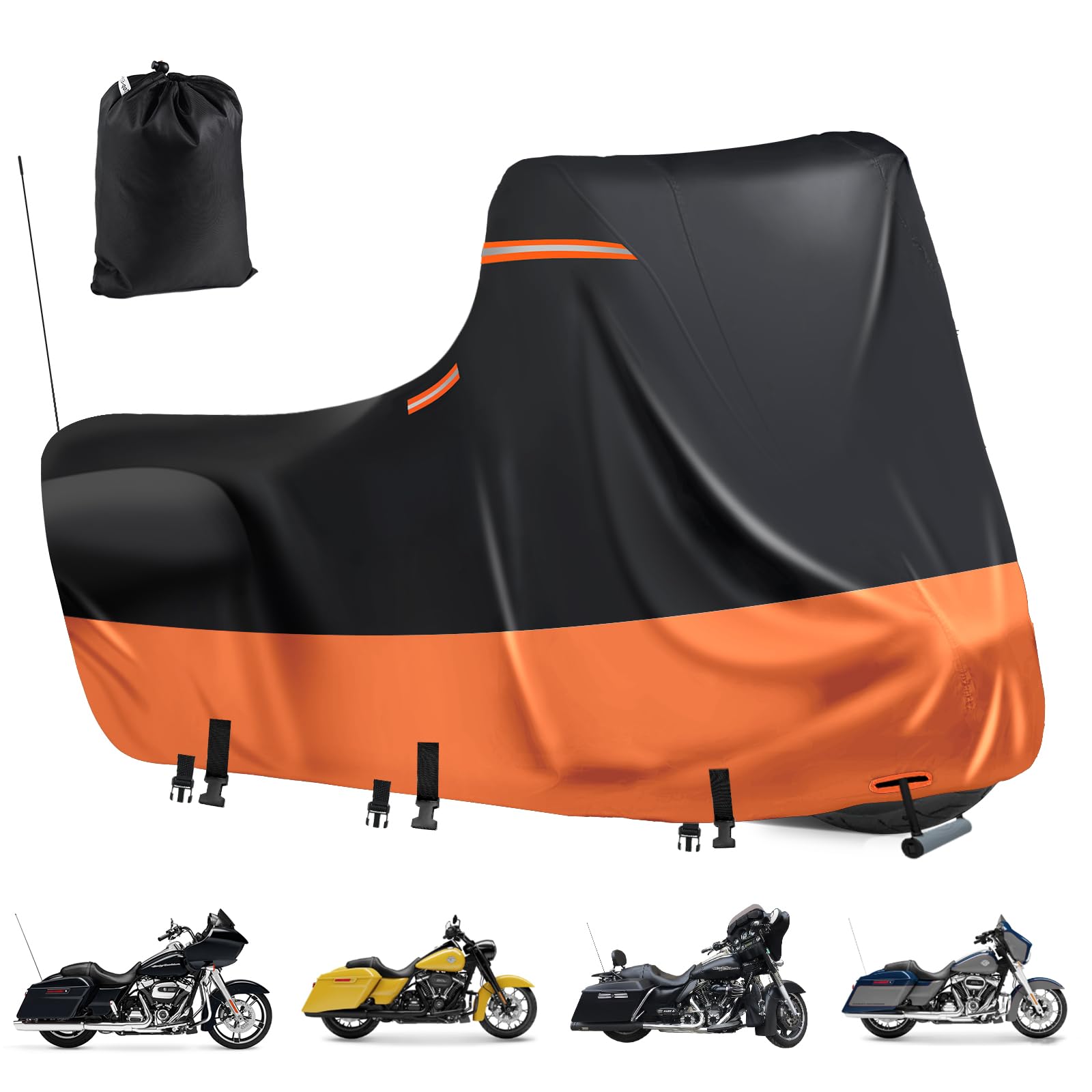 Motorrad Plane Wasserdicht,600D Motorrad Abdeckplane Outdoor,5 Reflektierende Streifen,2 öFfnung zur BelüFtung für Harley Davidson Touring Modelle,UV-Schutz (Side Box 300x110x142cm Schwarz-Orange) von DOCEPERT